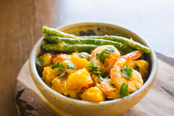 Ginataang - a Filipino stew with squash, green beans, and shrimp.